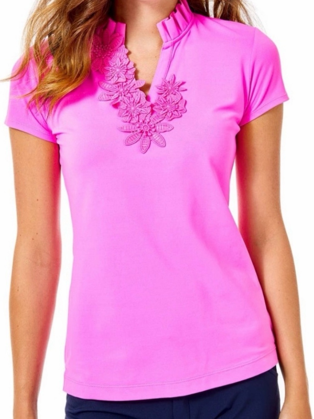 Lilly Pulitzer Hot Pink Short-Sleeve Frida polo with flower appliqué
